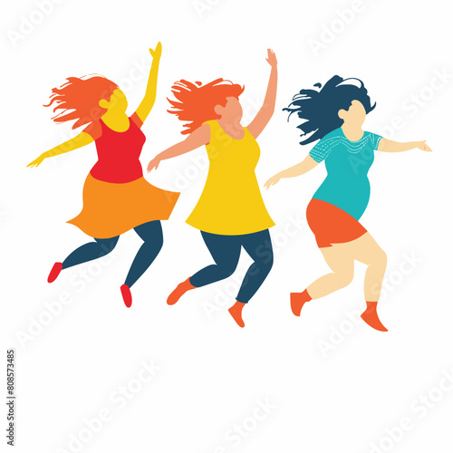 Three women jumping joyfully, expressing happiness freedom. Diverse female friends enjoying. Casual outfits, vibrant colors, lively movement, no background