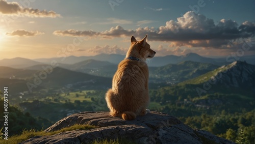 High-detail Anime depiction of tabby dog meditating on mountain top, 4K