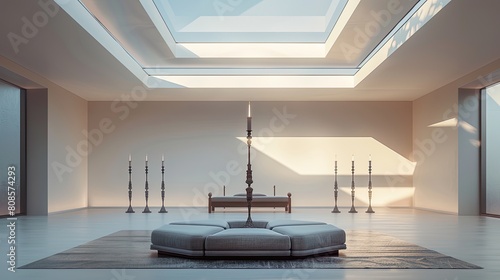 A minimalist living room with a smart skylight that simulates natural light patterns, a central modular ottoman, and a set of floor-standing candelabras photo