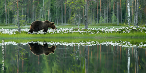 a bear walking along the edge of an open forest lake in Finland, with its reflection visible on the calm waters and white flowers growing around it