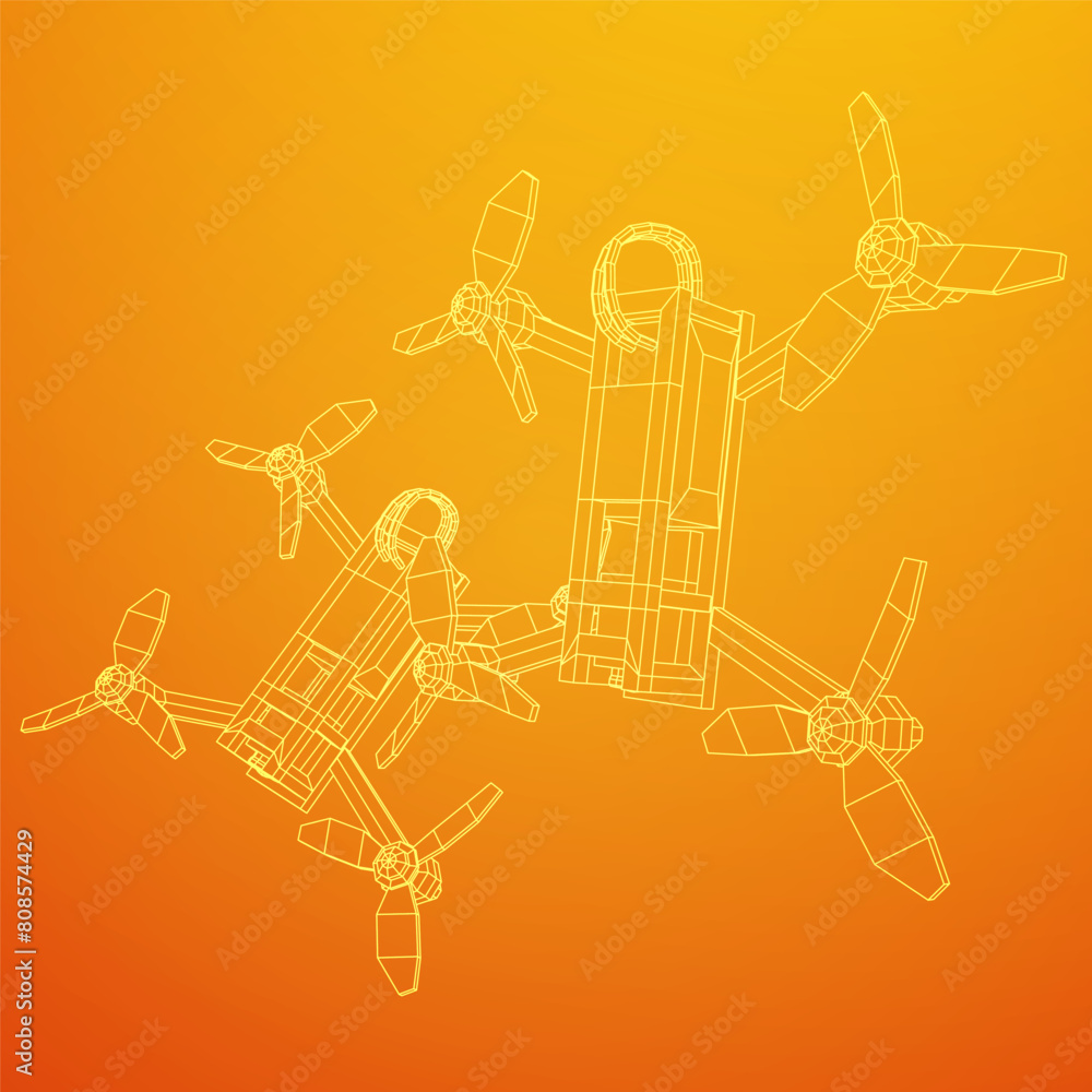 FPV Drone Racing freestyle sport flight. Hobby toys. Wireframe low poly mesh vector illustration.