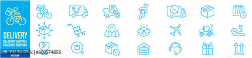 Delivery icon set. tracking, Delivery service, Shipping, scooter, truck, warehouse, courier, cargo, icons. Editable stroke icons vector collection illustration.