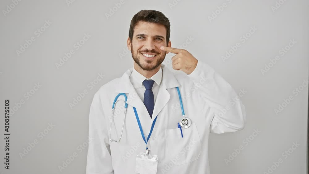 Smiling, young hispanic man with clean skin playfully pointing at his nose while wearing a stethoscope. a handsome portrait of health, wellness and beauty against an isolated white background. Smiling, young hispanic man with clean skin playfully pointing at his nose while wearing a stethoscope. a handsome portrait of health, wellness and beauty against an isolated white background.