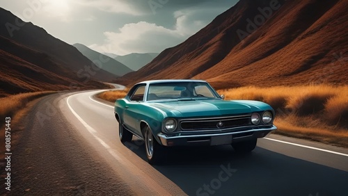 green muscle car roaring down empty highway