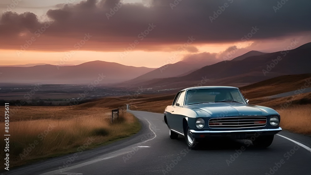 Fototapeta premium car on the road in mountains, muscle car roaring down empty highway.