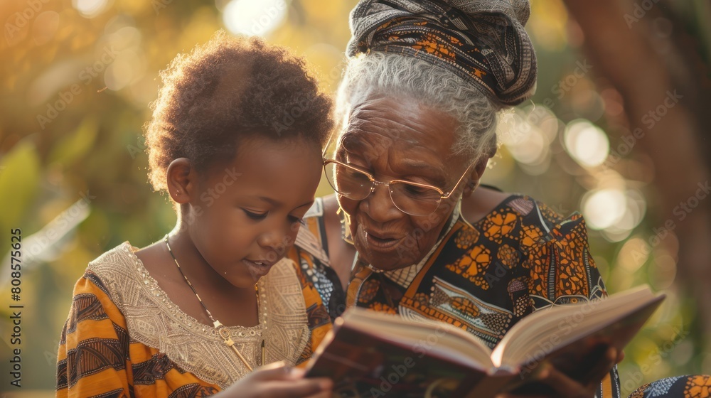 African grandmother and granddaughter reading together at the park