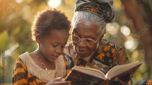African grandmother and granddaughter reading together at the park © suteeda