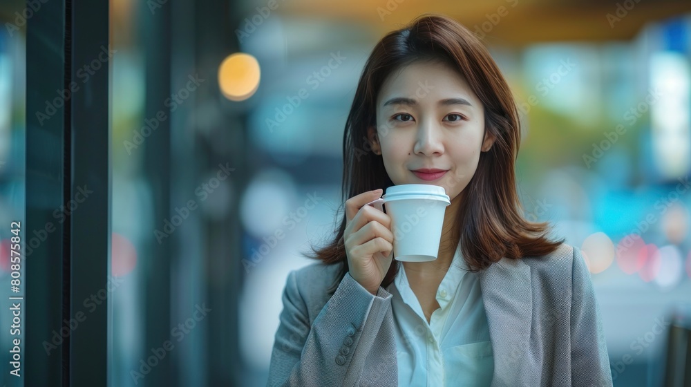 Asian business woman drinking coffee while working outside the office Asian business woman drinking coffee while working outside the office