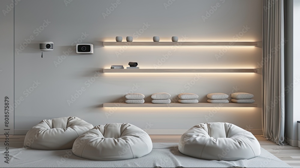 A minimalist living room with a smart home security camera system, a ...