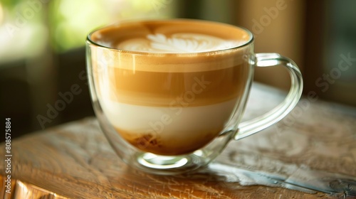 Display the elegance of a doppio coffee in a stylish glass mug  super realistic