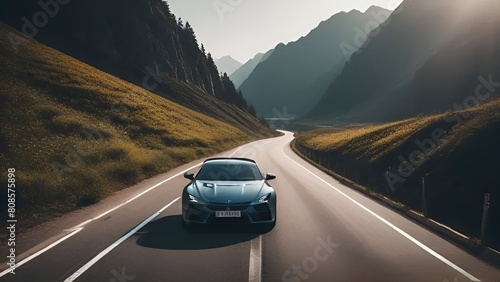 A sleek sports car roaring down an open highway.
 photo