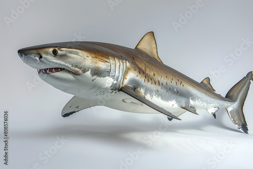 A full body photo of an realistic great white shark sculpture made from polished aluminum. Created with AI