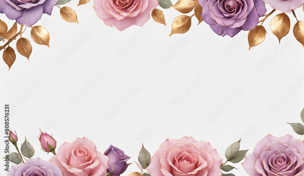 Pink, purple, gold roses and rose petals on white background with copy space for text. Golden alcohol ink watercolor floral bloom banner for Mother’s Day or mauve wedding stationery
