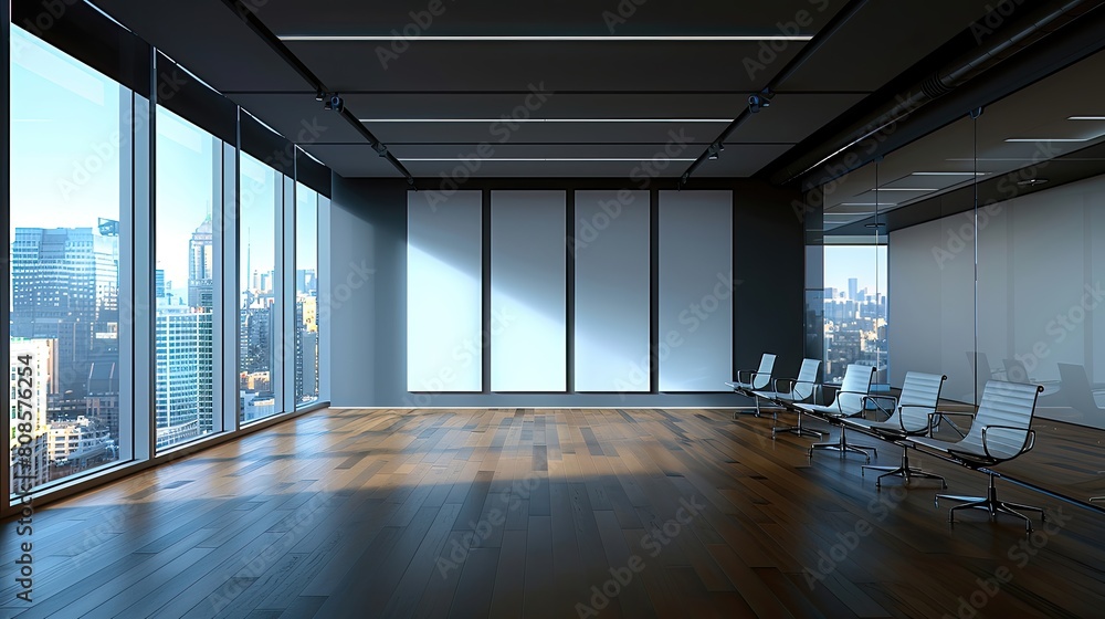 A large, empty room with a view of the city