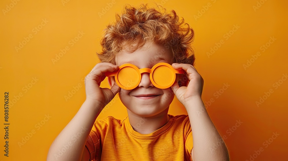 A young boy wearing a yellow shirt is holding up two orange glasses A young boy wearing a yellow shirt is holding up two orange glasses