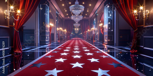 Elegant event entrance with red carpet rope barrier and velvet curtains Concept Event Red Carpet Velvet Curtains Elegant Entrance Rope Barrier.  photo
