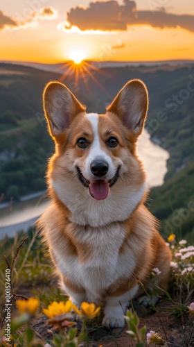 AI generated illustration of a corgi sitting on a green hill in flowers at sunset