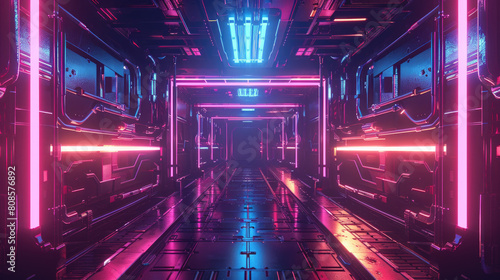 Detailed 3D render of a futuristic space station with sleek metallic surfaces and neon lighting, perfect for scifi game backgrounds or concept art © Sattawat