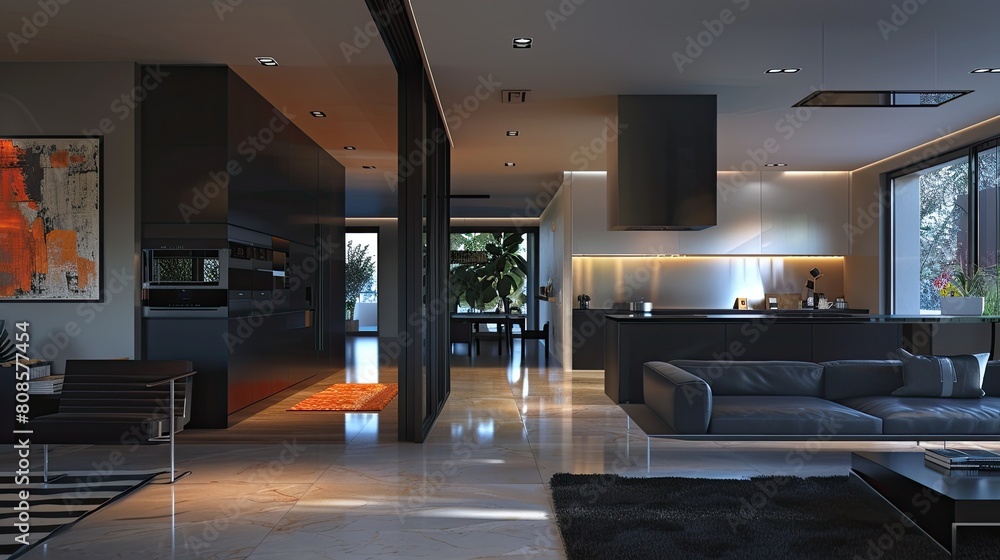 A modern living room with an open plan, featuring a sleek black kitchen that blends seamlessly into the living space, unified by a continuous floor treatment and harmonious color palette A modern living room with an open plan, featuring a sleek black kitchen that blends seamlessly into the living space, unified by a continuous floor treatment and harmonious color palette