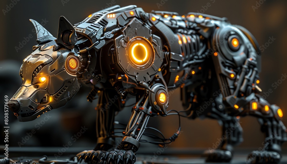 A guard dog made entirely of cold, unfeeling metal, its glowing eyes scanning the area for intruders A guard dog made entirely of cold, unfeeling metal, its glowing eyes scanning the area for intruders