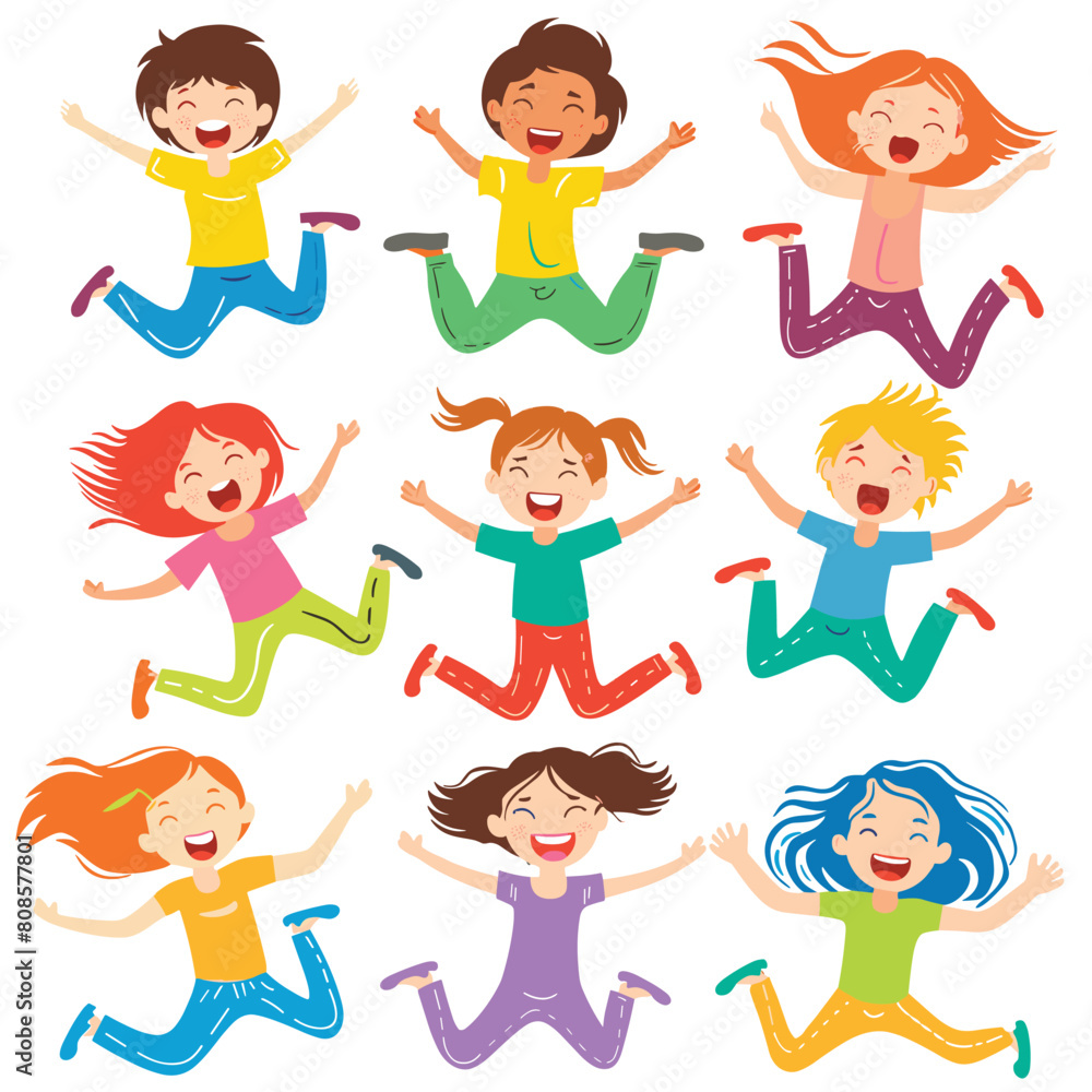 Nine happy children jumping joyfully cartoon style. Diverse kids playing, smiling, expressing happiness excitement. Boys girls illustrated colorful clothes, jumping air, showing movement joy