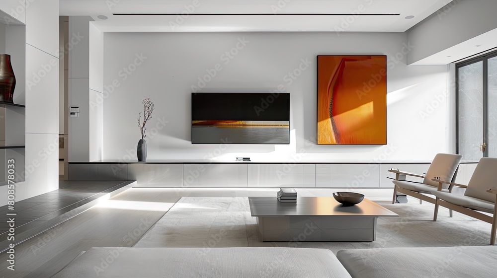 A modern living room with a minimalist design, featuring a long, low cabinet that spans the length of the room, a flat-screen TV mounted above, and a single bold art piece that adds a splash of color A modern living room with a minimalist design, featuring a long, low cabinet that spans the length of the room, a flat-screen TV mounted above, and a single bold art piece that adds a splash of color