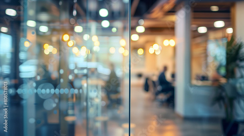 Blurred office with people working behind glass wall