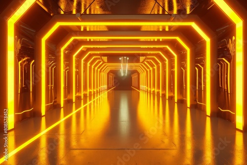3d render, abstract background, corridor, tunnel, virtual reality space, yellow neon lights, fashion podium, club interior, empty warehouse, floor reflection