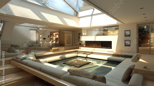 A modern living room with a sunken seating area, a built-in fireplace in the center, and a glass ceiling above, creating a bright and airy space