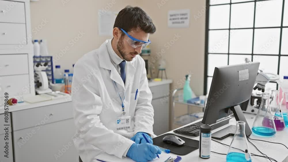 A confident man in a lab coat works diligently in a modern laboratory, surrounded by scientific equipment. A confident man in a lab coat works diligently in a modern laboratory, surrounded by scientific equipment.