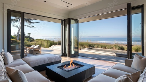 A modern summer living room with bi-fold glass doors opening to a beachfront view  featuring a sunken fire pit seating area