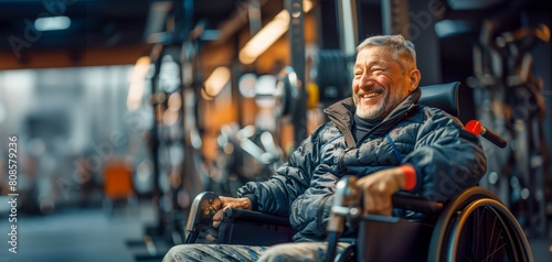 Smiling paralyzed senior man in a wheelchair doing a workout at the gym, with copy space photo