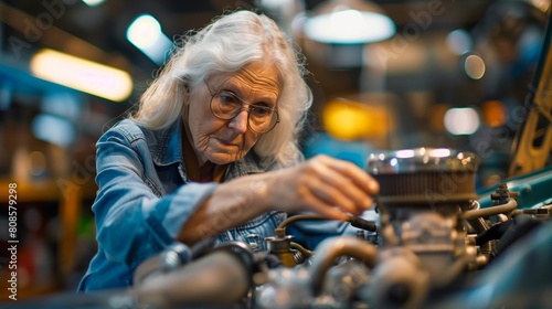 Elderly woman working on a car engine in the garage, with white hair and glasses, wearing a vintage blue shirt with dark denim jeans