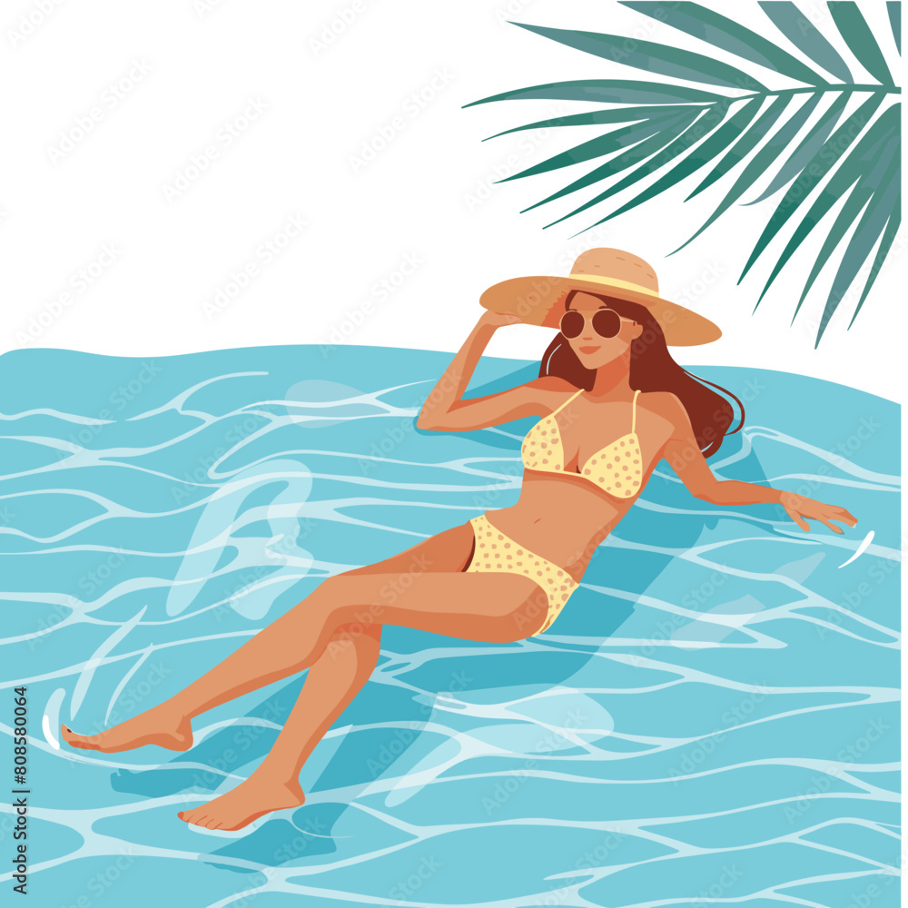 Vector illustration of a girl in a hat sunbathing in the pool