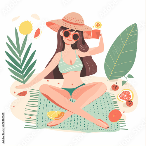 Vector illustration of a girl in a hat  sunglasses and swimsuit sitting on the beach.