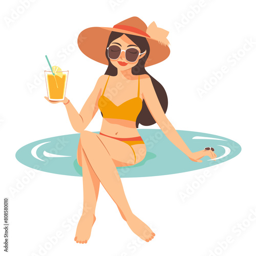 Girl in swimsuit and hat sitting on the edge of swimming pool and drinking cocktail. Vector illustration