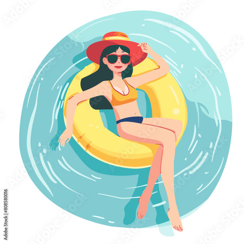 Girl in swimsuit and hat on inflatable ring. Vector illustration