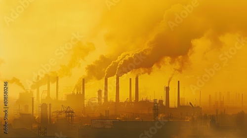 Air pollution image with smoke coming from an industrial chimney in the background. Powerful depiction of global environmental destruction. It shows the impact on human health and the world s climate.