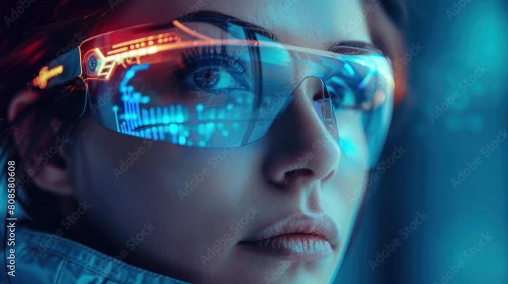 Futuristic woman with eye protection concept, cyber technology Futuristic woman with eye protection concept, cyber technology