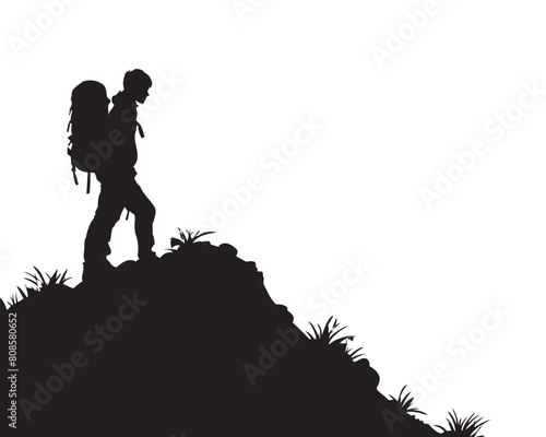 Hiking with backpacks on top of mountain. Vector illustration.