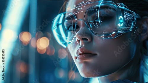 Futuristic woman with eye protection concept, cyber technology photo