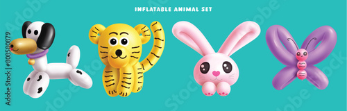 Animal birthday balloons vector set design. Birthday animal inflatable collection in dog, lion, bunny and butterfly shape floating for kids happy party celebration. Vector illustration birthday animal