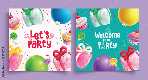 Birthday greeting vector template set design. Happy birthday let's party invitation card bundle collection with gifts, cup cake and balloons elements for poster design. Vector illustration greeting 