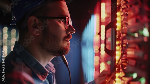 Male technician working in server room