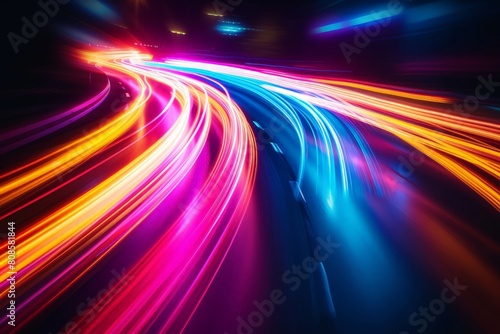 Abstract Background Speed Neon Colorful Dark Spectrum Igniting Motion Pattern Light Trail Long Exposure Blurred Bright Night Texture for presentation, flyer, card, poster, brochure, banner