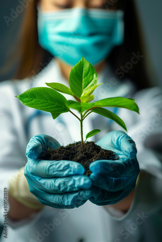Scientist in lab coat and blue gloves carefully nurturing a young plant, emphasizing research and growth in environmental science - AI generated.