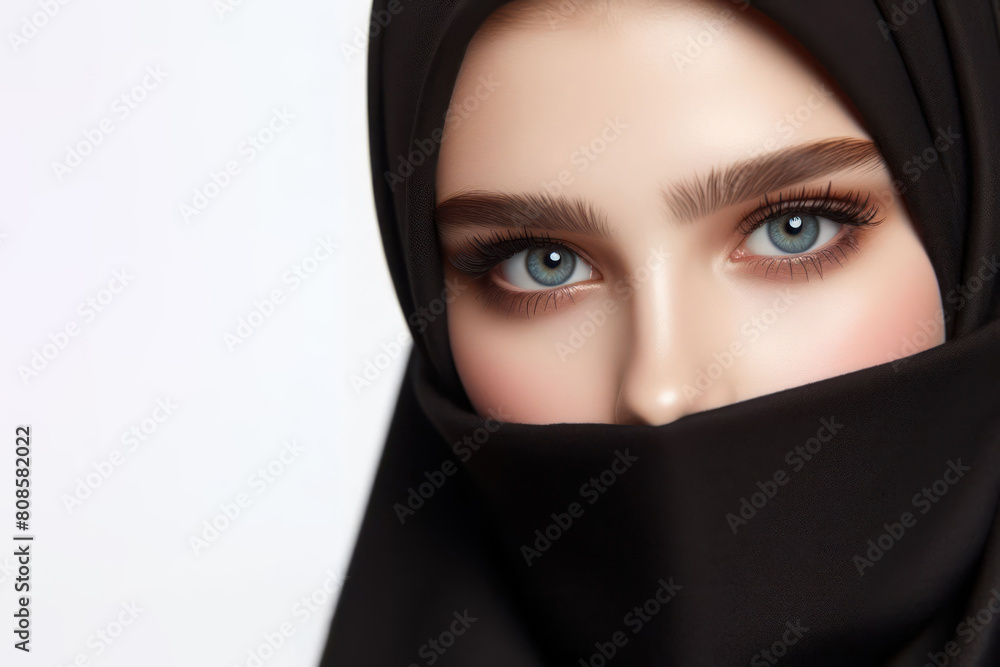 Beautiful girl in a black hijab, only her eyes are visible on a white background Beautiful girl in a black hijab, only her eyes are visible on a white background