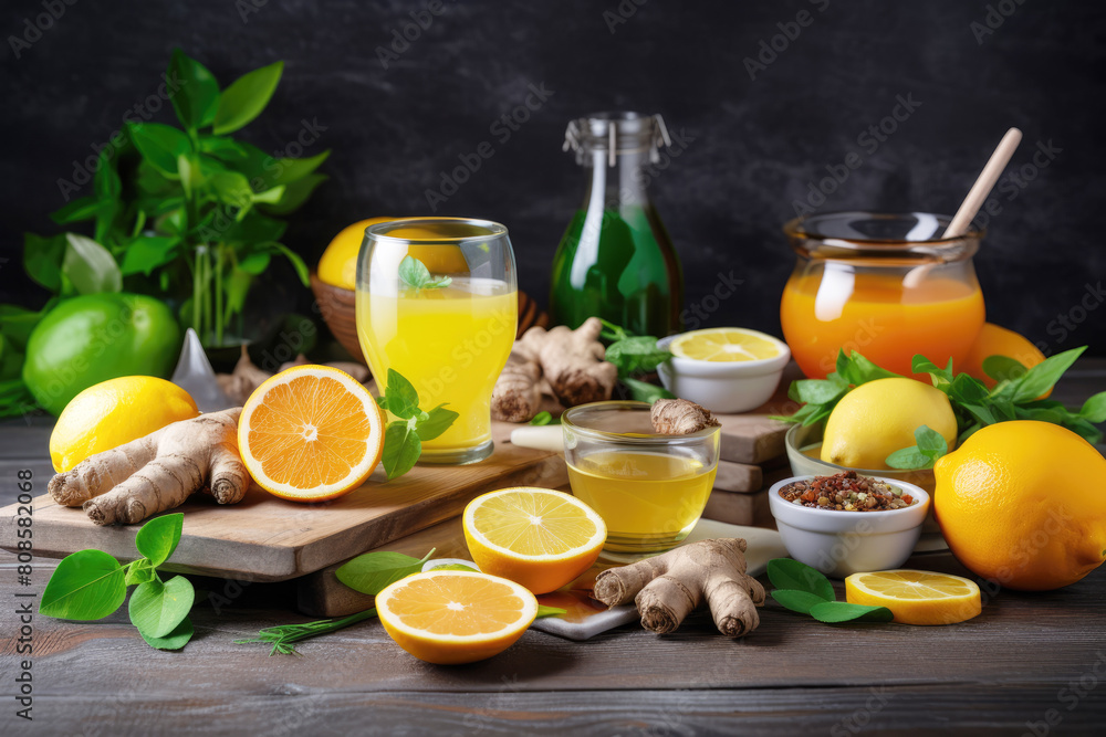 generated illustration ginger tea with lemon and honey on a wooden table generated illustration ginger tea with lemon and honey on a wooden table