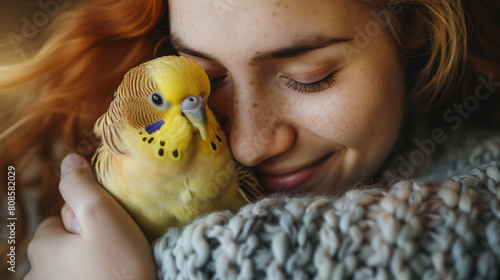 Pet bird bonding with human mother. Domestic animals. photo
