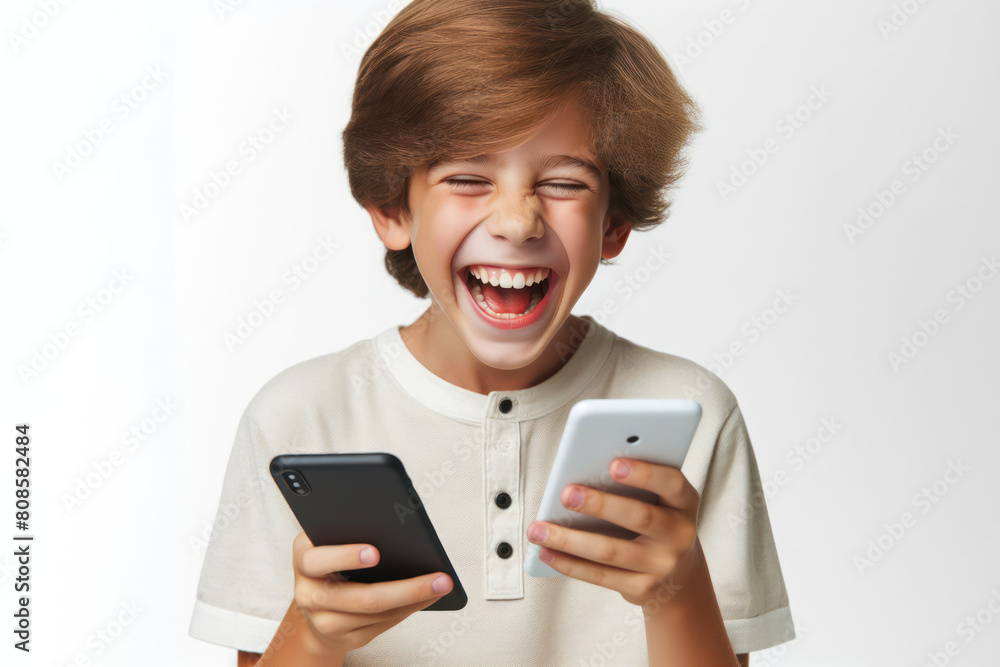 Boy holding phone and laughing very much isolated on white background Boy holding phone and laughing very much isolated on white background
